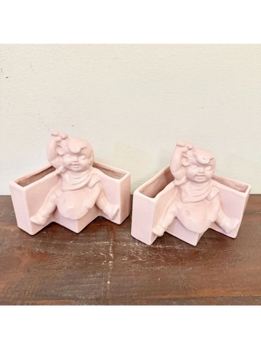 Vintage Pink Ceramic Girl Figurine Planters Pair Retro Kitsch Nursery Decor